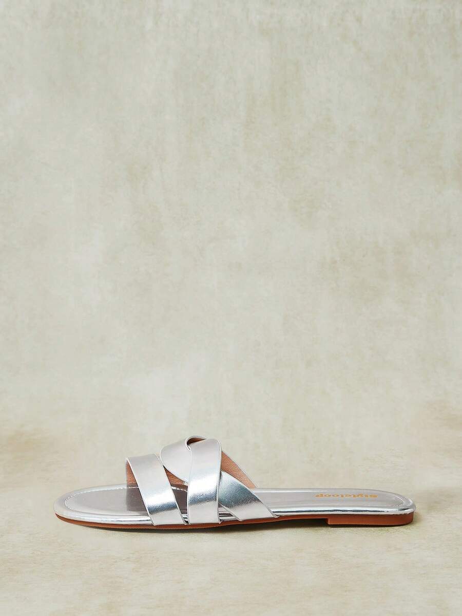 Styleloop Square Head Flat Open-Toed Sandals Women's Shoes, Cross-Kink Design, Simple And Versatile Outer Wear, Daily Comfortable One-Word Slippers - Silver - View 1