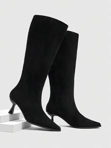 CUCCOO SZL Women's Autumn And Winter New Simple Solid Color Kitten And Elegant Party Afternoon Tea Dating Festive Ladies Knee High Boots - Black - View 6