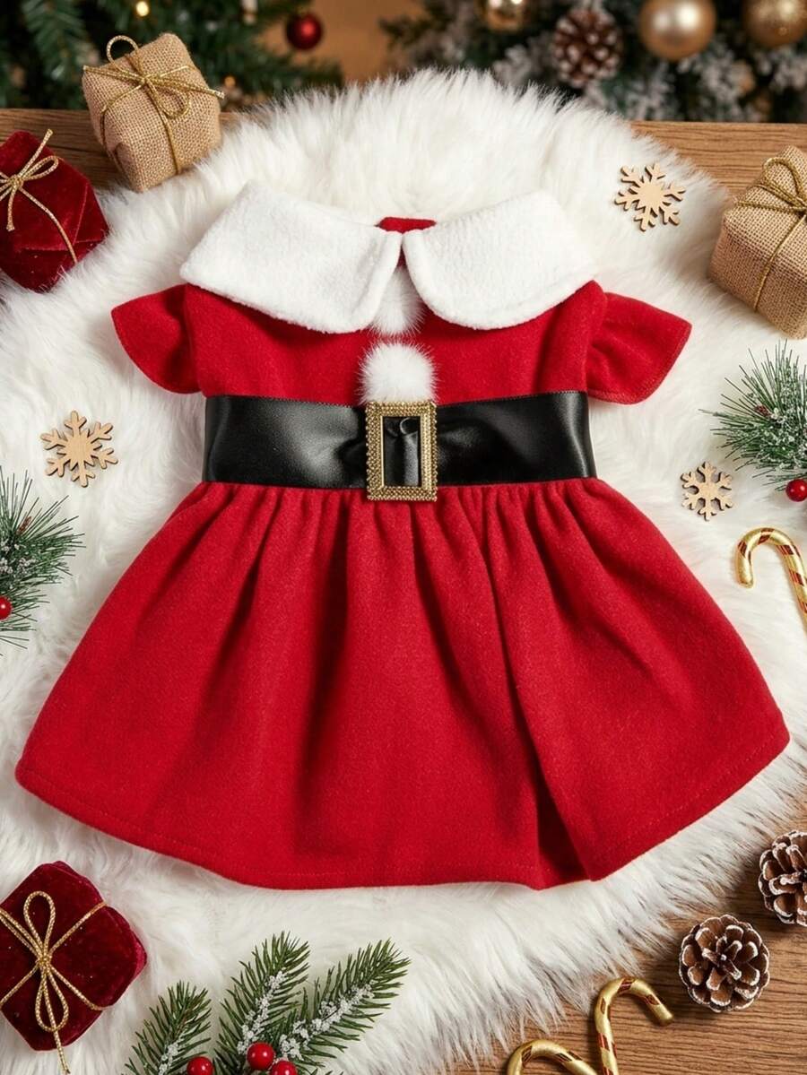 PETSIN 1pc Warm Fleece Sleeveless Dog/Cat Christmas Dress, Outfit Suitable For Pets - Red - View 1