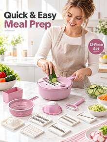12pcs Multi-Functional Vegetable Slicer Set, Manual Food Chopper Cutter With Drain Basket, Kitchen Prep Gadget, Home Kitchen Decor & Accessory, Easy To Clean, Space-Saving - one size fits all - View 2