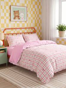 SHEIN 2/3 PCS Printed Duvet Cover Set, 1 Duvet Cover + 1/2 Pillowcases, Soft Breathable Bedding Set, Boho Floral & Cute Bow Stripe & Plaid Pattern Bedding, All Season Duvet Cover, Machine Washable - Pink and sweet plaid + rose red - View 2