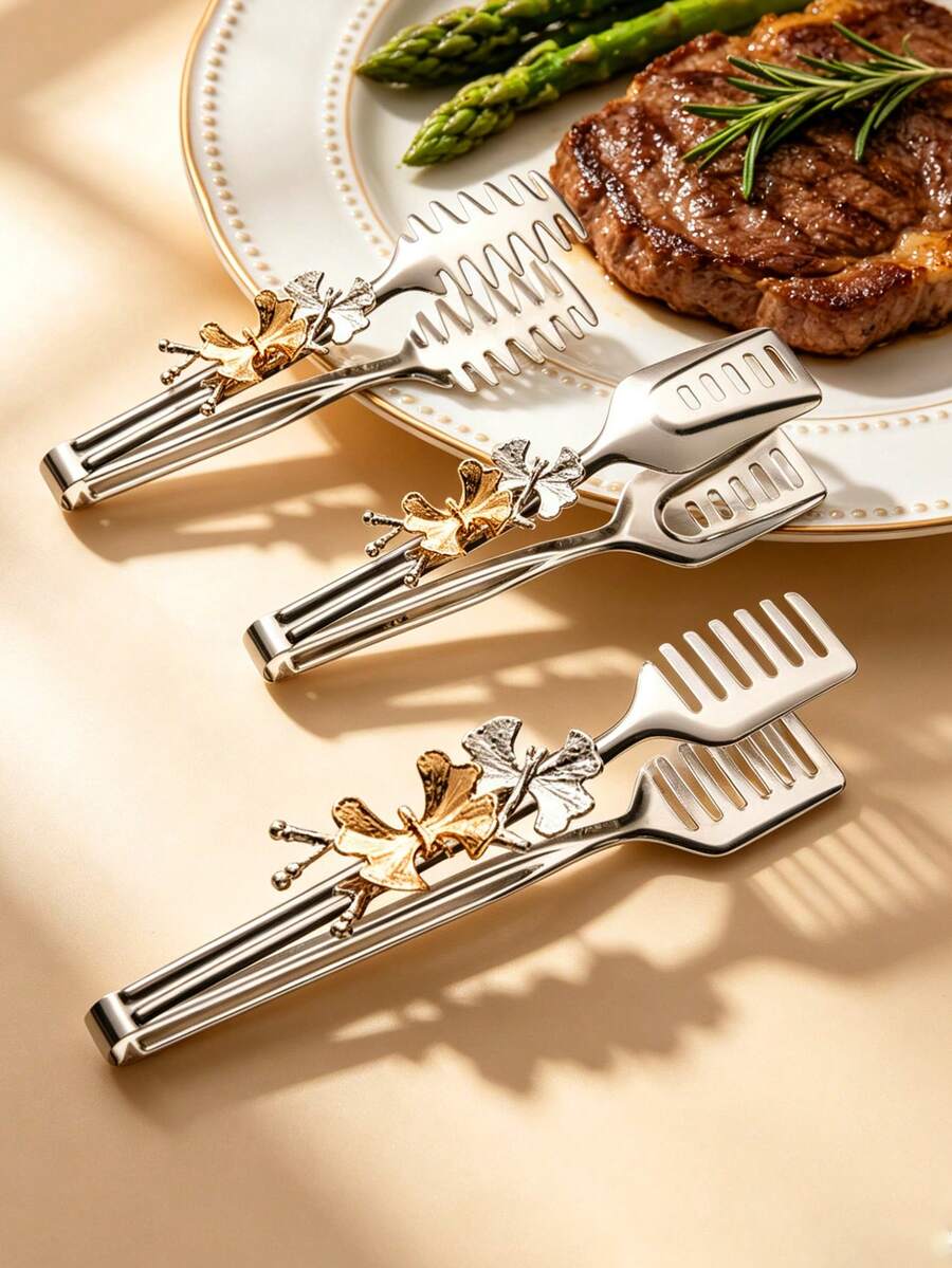 Cirelle 1pc Retro Butterfly Stainless Steel Kitchen Tongs – Multifunctional Food Clip For Bread, Salad & Steak, Heavy-Duty Heat-Resistant Serving Tongs - Silver - View 1