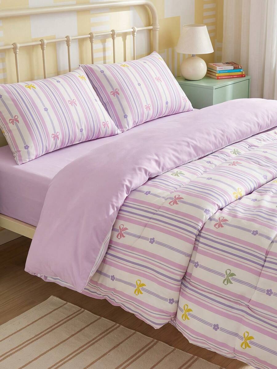 SHEIN 2/3 PCS Printed Duvet Cover Set, 1 Duvet Cover + 1/2 Pillowcases, Soft Breathable Bedding Set, Boho Floral & Cute Bow Stripe & Plaid Pattern Bedding, All Season Duvet Cover, Machine Washable - Purple Bow + Pink Purple - View 1