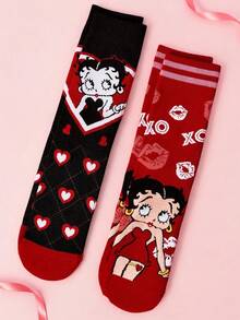 Betty Boop x SHEIN 2双装柔软透气吸湿休闲女士中筒袜，时尚可爱卡通紫白图案，加固袜头和袜跟，经久耐穿，四季皆宜，夏季冬季百搭，图案袜子 - 彩色 - 查看 2