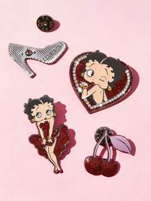 Betty Boop x SHEIN 4件組時尚可愛櫻桃卡通鋅合金胸針別針套組，包包吊飾，適合作為禮物、收藏品、紀念品 - 彩色 - 查看 6