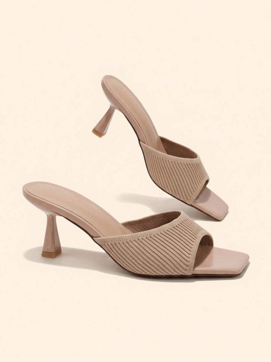 CUCCOO BASICS Women's Fashionable And Sexy Small Square Toe Striped Fabric. High Heel Paint Wine Glass Mules Sandals - Apricot - View 1