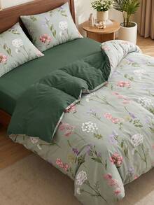 2/3 PCS Printed Duvet Cover Set, 1 Duvet Cover + 1/2 Pillowcases, Soft Breathable Bedding Set, Boho Floral & Cute Bow Stripe & Plaid Pattern Bedding, All Season Duvet Cover, Machine Washable - Green field flower cluster + olive green - View 7