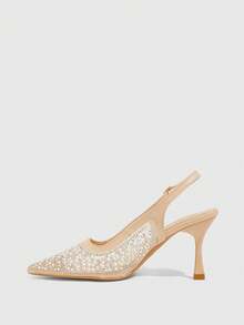 CUCCOO SZL Women's Fashion Pointed Crystal/Rhinestone Satin Party/Christmas Spring Evening High Heel Empty Shoes - Champagne - View 4