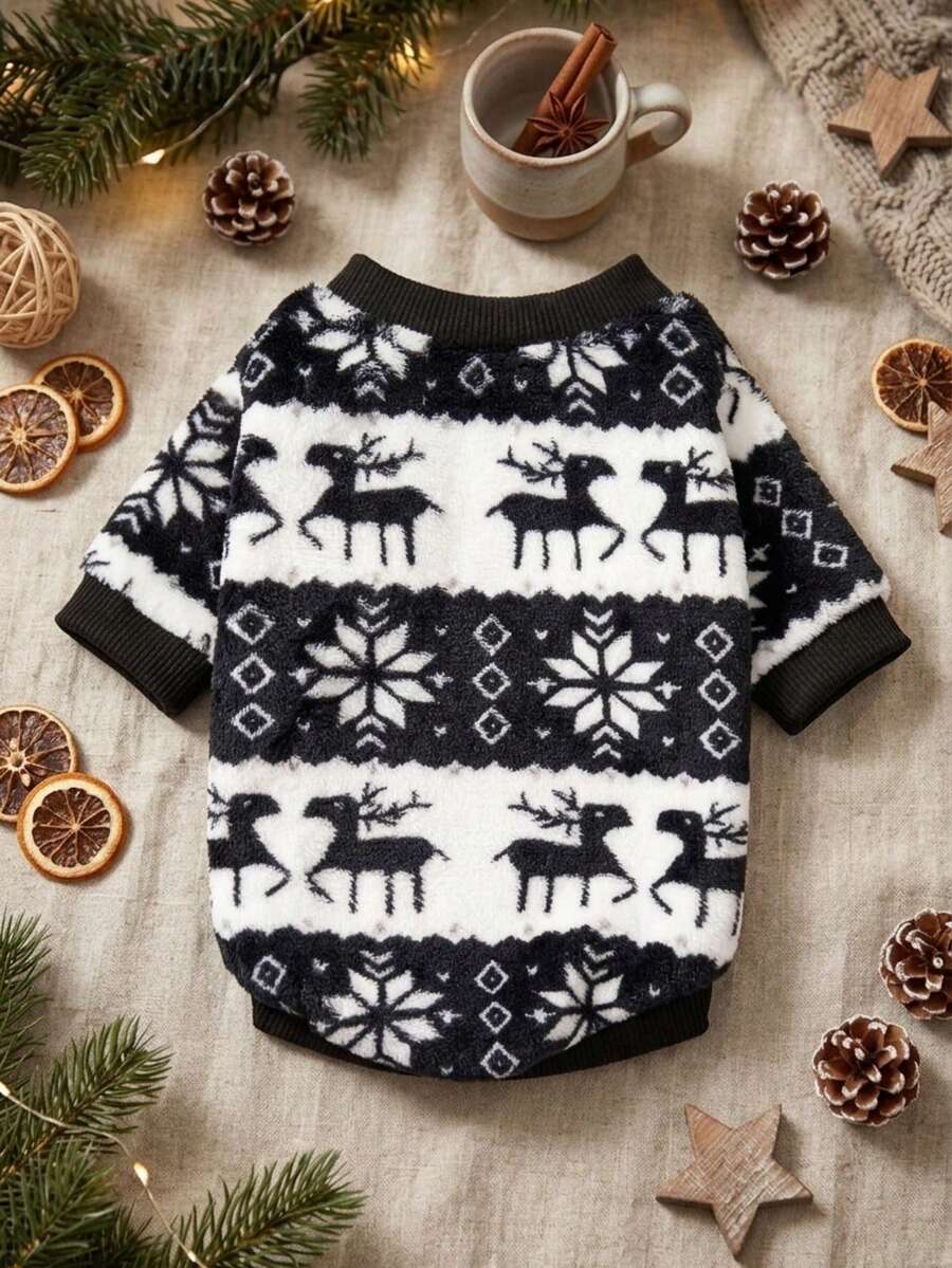 PETSIN 1 Boneka Hewan Peliharaan dengan Topi, Motif Rusa Natal Hitam Putih dan Kepingan Salju, Bahan Flanel - MultiWarna - View 1