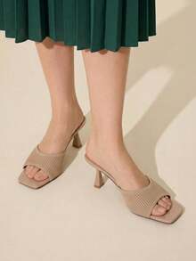 CUCCOO BASICS Women's Fashionable And Sexy Small Square Toe Striped Fabric. High Heel Paint Wine Glass Mules Sandals - Apricot - View 2