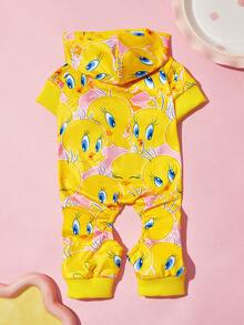 LOONEY TUNES X SHEIN 1件寵物卡通印花連帽連身衣，狗貓通用，XXS‑XXXXXL多尺寸，可愛黃色小鳥圖案，彈性飾邊，柔軟居家穿著、戶外散步與寵物拍照服飾 - 黃色 - 查看 1