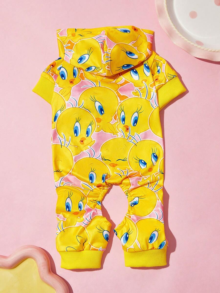 LOONEY TUNES X SHEIN 1件寵物卡通印花連帽連身衣,狗貓通用,XXS‑XXXXXL多尺寸,可愛黃色小鳥圖案,彈性飾邊,柔軟居家穿著、戶外散步與寵物拍照服飾 - 黃色 - 查看 1