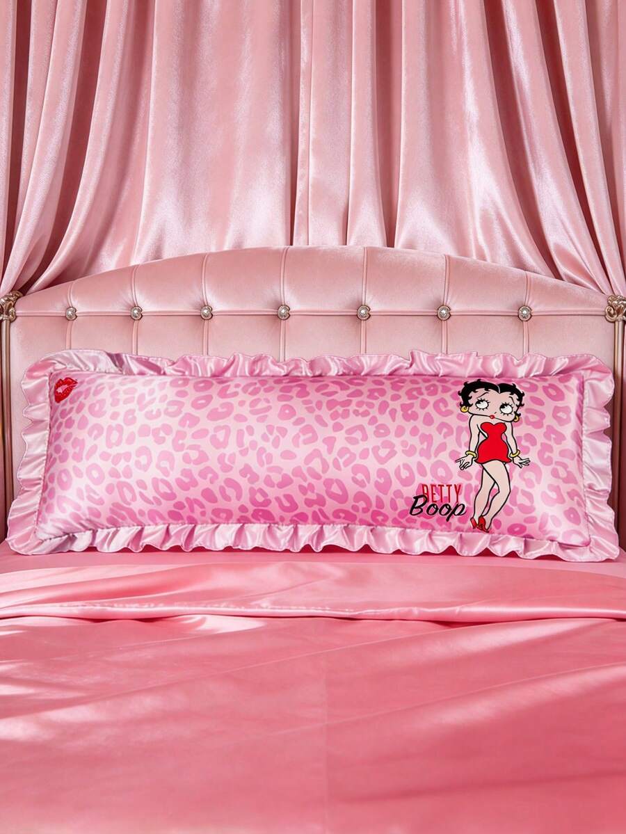 Betty Boop x SHEIN 1Pc Cute Cartoon Pink Leopard Print Pattern Pillow Cover, Pink Ruffle Trim Design, Satin Material, Comfortable And Cool, Suitable For Spring And Summer Waist Pillows, Retro Bedding, Preferred For Gifts - Pink - View 1