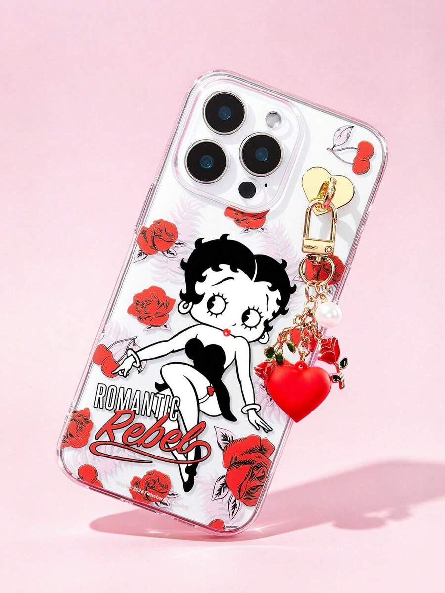 Betty Boop x SHEIN 可爱复古Tty Boop透明闪光TPU手机壳,红色玫瑰和爱心吊坠装饰,防震外壳,适用于 - 彩色 - 查看 1
