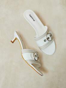 Styleloop Sandal gót mèo phong cách Pháp retro trí thức cho nữ, khóa kim loại, đi mua sắm du lịch mùa hè - trắng - Xem 2