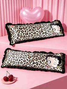 Betty Boop x SHEIN 1Pc Cute Cartoon Leopard Print Girl Pattern Pillow Cover, Black Lotus Leaf Edge Design, Satin Material, Comfortable And Cool, Suitable For Spring And Summer Waist Pillows, Retro Bedding, Preferred For Gifts - Coffee Brown - View 3