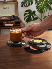 8Pcs Vinyl Record Shaped Acrylic Coasters, Round Non-Slip Heat Resistant Cup Pad Set, Home Dining Table Decoration, Tabletop Drink Mat Ornament - Multicolor - View 6