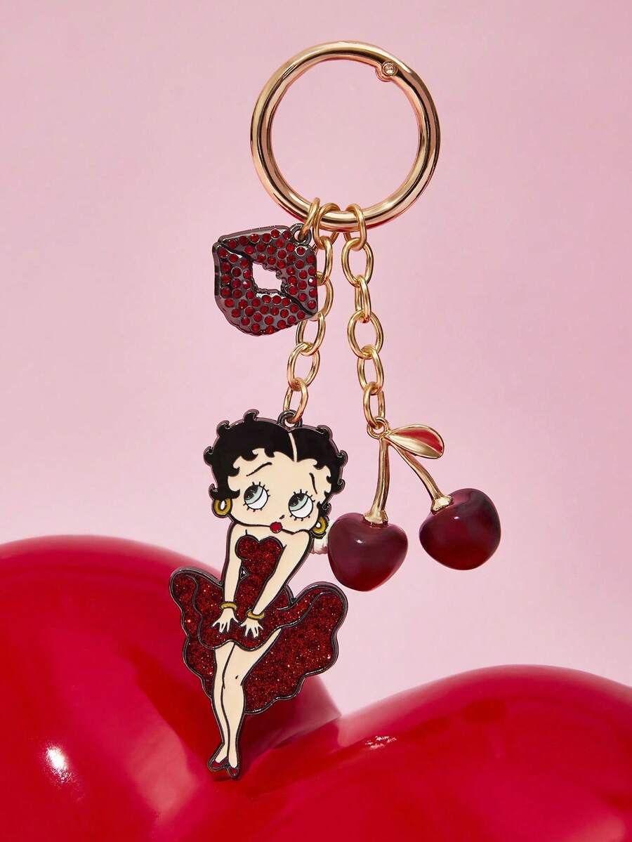Betty Boop x SHEIN 时尚优雅的3D樱桃亮面合金钥匙扣可爱卡通包包挂件，包包饰品，礼物创意，派对，节日，情人节 - 酒紅色 - 查看 1