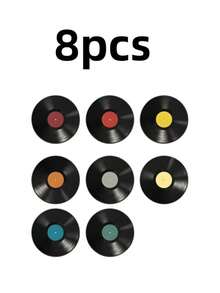 8Pcs Vinyl Record Shaped Acrylic Coasters, Round Non-Slip Heat Resistant Cup Pad Set, Home Dining Table Decoration, Tabletop Drink Mat Ornament - Multicolor - View 7