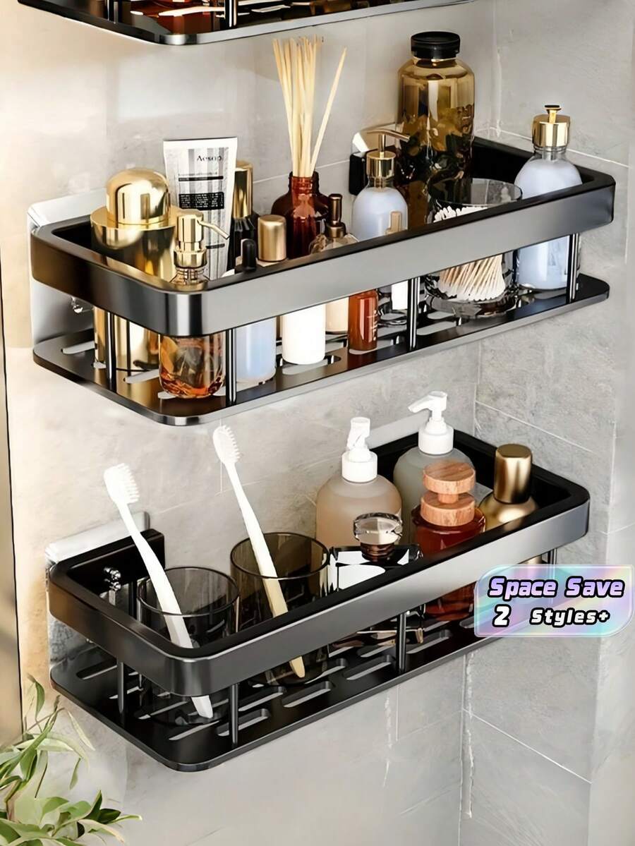 No Drill Bathroom Storage Rack Waterproof Self Adhesive Shampoo Body Wash Holder Multi Functional Hanging Shelf Black Shower Caddy Durable Strong Pro - Black - View 1