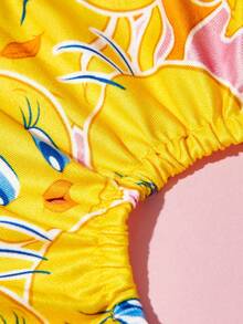 LOONEY TUNES X SHEIN 1件寵物卡通印花連帽連身衣，狗貓通用，XXS‑XXXXXL多尺寸，可愛黃色小鳥圖案，彈性飾邊，柔軟居家穿著、戶外散步與寵物拍照服飾 - 黃色 - 查看 5