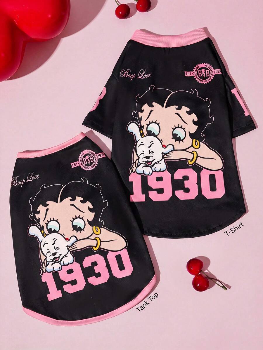 Betty Boop x SHEIN Vintage Cartoon Pet Tee & Vest, Sold Separately. Sizes XXS-XXXXXL For Cats & Dogs, Soft Comfy Fabric For Daily Wear Indoor & Outdoor - Black - View 1