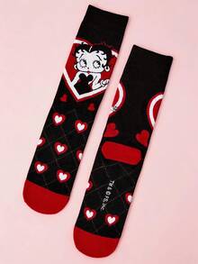Betty Boop x SHEIN 2双装柔软透气吸湿休闲女士中筒袜，时尚可爱卡通紫白图案，加固袜头和袜跟，经久耐穿，四季皆宜，夏季冬季百搭，图案袜子 - 彩色 - 查看 9