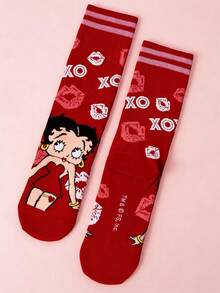 Betty Boop x SHEIN 2双装柔软透气吸湿休闲女士中筒袜，时尚可爱卡通紫白图案，加固袜头和袜跟，经久耐穿，四季皆宜，夏季冬季百搭，图案袜子 - 彩色 - 查看 8