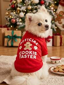 PETSIN Red Xmas Puppy Tee With Gingerbread Cookie Graphic, Cute Christmas Pet Short Sleeve Top - Multicolor - View 3