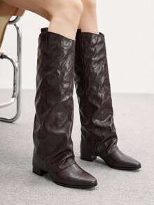 CUCCOO BIZCHIC Autumn And Winter Pleated Pile Design Pointed Square With Retro Dark Brown High Boots Daily Commute Out Dating - Coffee Brown - View 3