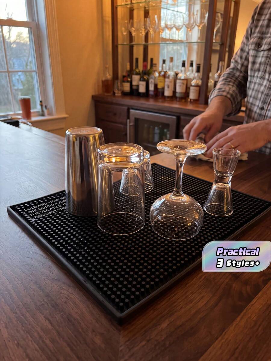Thick Durable Black Rubber Countertop Bar Mat, Non‑Toxic, Anti‑Slip & Spill‑Resistant. Works For Coffee Machines, Home Bars, Restaurants, Kitchens And Hair Salons. Also Serves As Dish Drying Mat, Ideal For Bartenders And Various Countertop Use. - Black - View 1