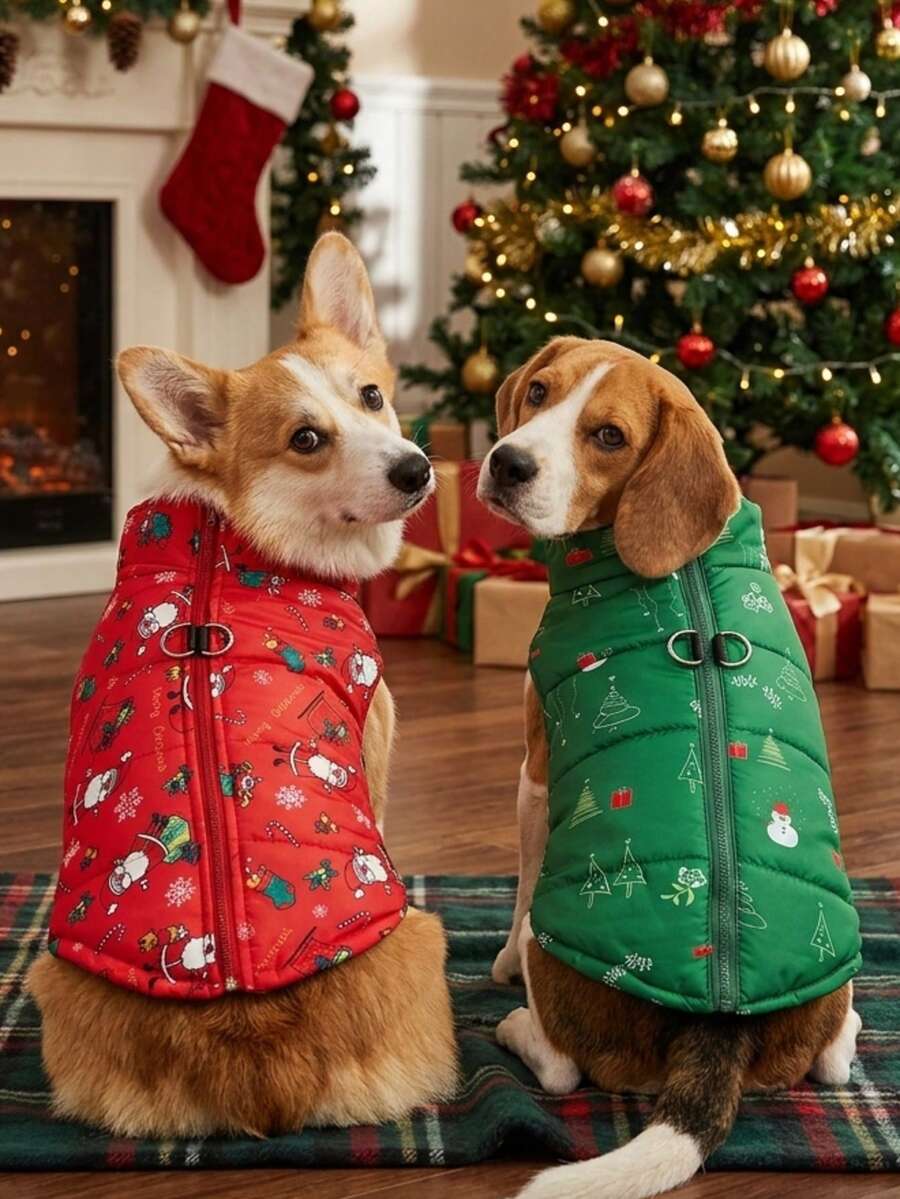 PETSIN Rompi Puffer Natal untuk Anjing, Jaket Musim Dingin Hangat untuk Hewan Peliharaan dengan Resleting, Motif Santa & Pohon Natal, Mantel Tanpa Lengan untuk Anak Anjing Ukuran Kecil, Sedang, dan Besar - MultiWarna - View 1