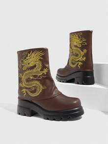 CUCCOO GRLICON 女式中筒靴，Y2K 风格，朋克摇滚，机车风，酷女孩装，适合万圣节、圣诞节和派对 - 棕色 - 查看 6