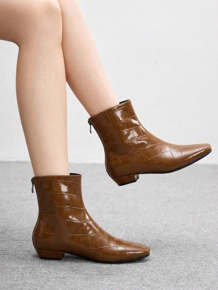 CUCCOO BIZCHIC New Brown Stone Leather Small Square Heel Back Zipper ...