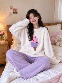 Joivida Cute Fleece Pajama Set For Women | Warm Fluffy Ice Cream Long Sleeve Pullover & Pants Lounge Set - Multicolor - View 7