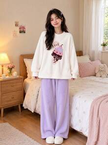 Joivida Cute Fleece Pajama Set For Women | Warm Fluffy Ice Cream Long Sleeve Pullover & Pants Lounge Set - Multicolor - View 5