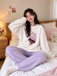 Joivida Cute Fleece Pajama Set For Women | Warm Fluffy Ice Cream Long Sleeve Pullover & Pants Lounge Set - Multicolor - View 13