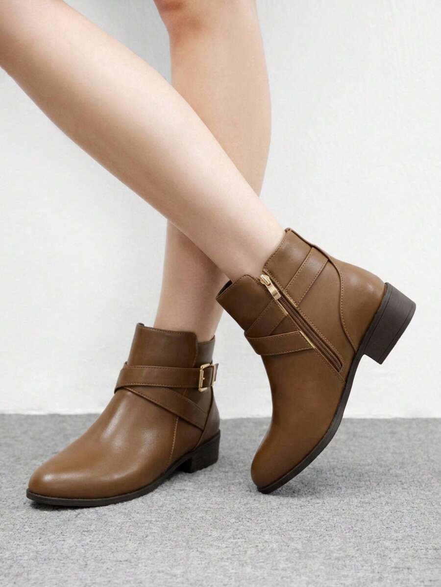 CUCCOO BIZCHIC 女款新款圓頭厚底粗跟棕色扣環女式短靴 日常通勤百搭簡約女靴 低筒靴 - 淺棕色1 - 查看 1