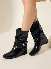 CUCCOO CHICEST Women's Fashionable Solid Color Casual Versatile Mid-Calf High Heel Boots - Black - View 7