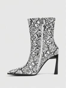 CUCCOO SZL Snake Pointed Thick Heel Short Boots Women's, Rear Zipper Retro High Heel Fashion Boots - White - View 4