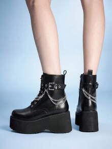 Sugerpunk Women's Spring/Autumn Punk-Style Retro Ankle Boots With Thick Wedge Heels And Platform Soles; Gothic Lace-Up Design With Metal Chain And Buckle Straps Fall Boots - Black - View 6