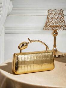 SHECARRY Ladies Fashionable Elegant Exquisite Classic Gold Crocodile Pattern Faux Leather Gold Hardware Arm Tote Bag Dinner Bag, Party Date Banquet Wedding - Gold - View 1