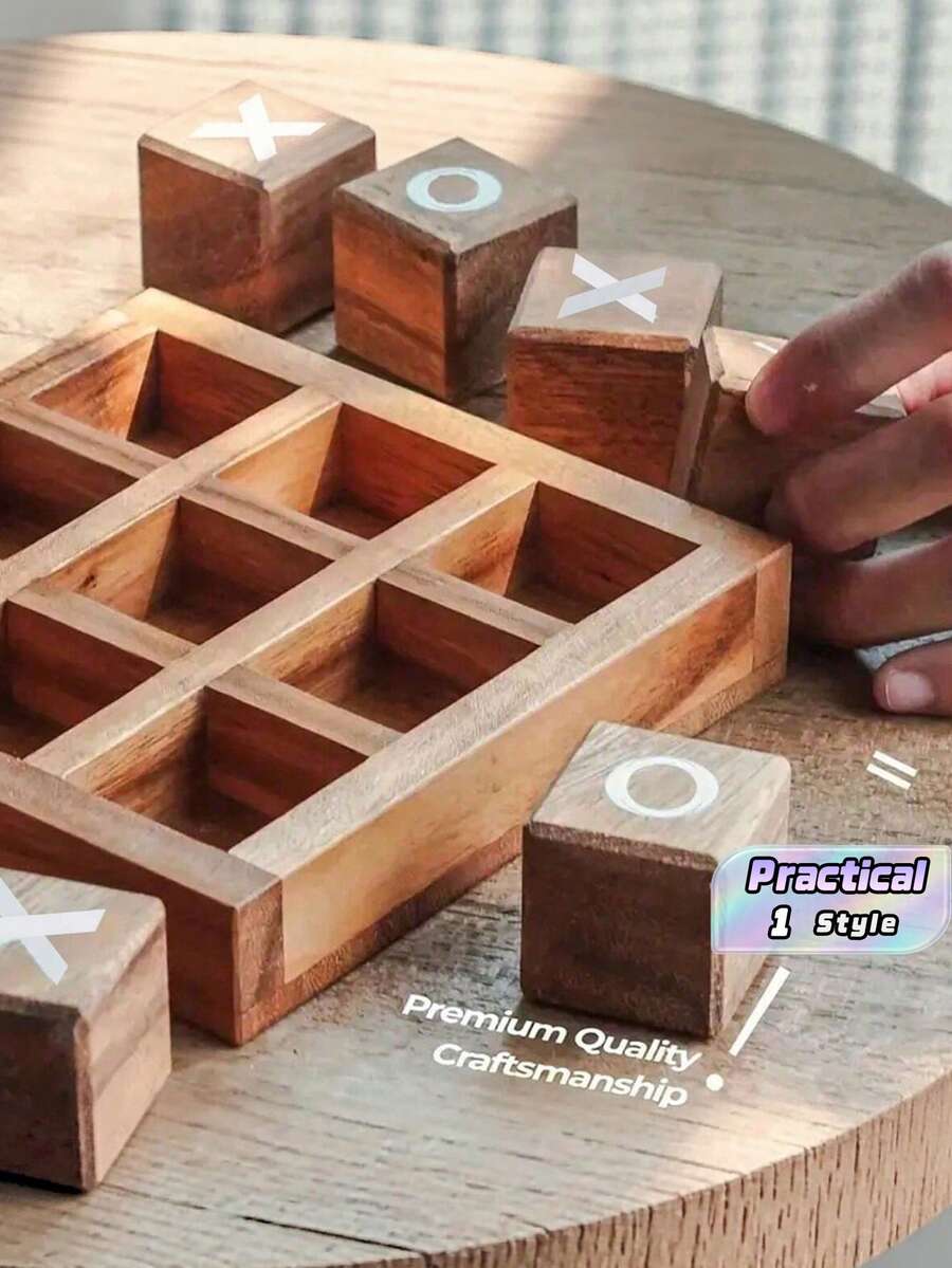 Wooden Tic-Tac-Toe Tabletop Game, Rustic Style Coffee Table Decoration, Classic XO Tabletop Game, Fun Family Game For Adults, Living Room Shelf Or Office Desk Decor, Perfect Housewarming Gift - Multicolor - View 1