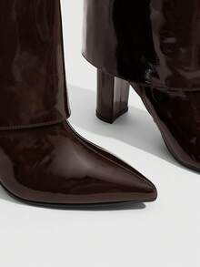CUCCOO SZL Outdoor Women Pointed Thick Heel PU Light Fabric Fashion Simple Party Banquet Side Zipper Boots - Brown - View 5