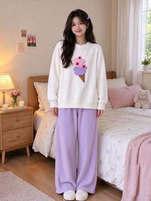 Joivida Cute Fleece Pajama Set For Women | Warm Fluffy Ice Cream Long Sleeve Pullover & Pants Lounge Set - Multicolor - View 8