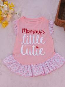 1件寵物裙子適用於小型犬貓，Mommy's Little Cutie字母印花愛心圖案荷葉邊裙，無袖飛袖小狗公主裙，夏季柔軟狗衣服，XS-L - 蝦粉色 - 查看 5