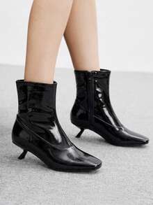 CUCCOO BIZCHIC Square Toe Small Short Boots, Fashionable Commuting Versatile Side Zipper Splicing Stiletto High Heel Short Boots - Black - View 1