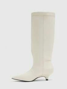 CUCCOO BIZCHIC Women's Versatile Slimming Vintage Style Double Buckle Beige Pointed Toe Kitten Heel Ruched Knee-High Boots - Off-white - View 8