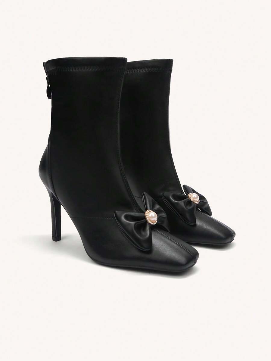 CUCCOO CHICEST Square Toe Stiletto Heels Retro Design Bow Ankle Boots To Match Dresses, New Women's Ankle Boots With Back Zipper Fall - Black - View 1