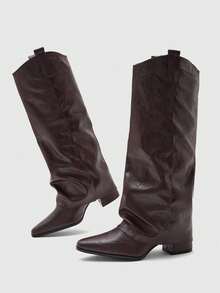 CUCCOO BIZCHIC Autumn And Winter Pleated Pile Design Pointed Square With Retro Dark Brown High Boots Daily Commute Out Dating - Coffee Brown - View 8